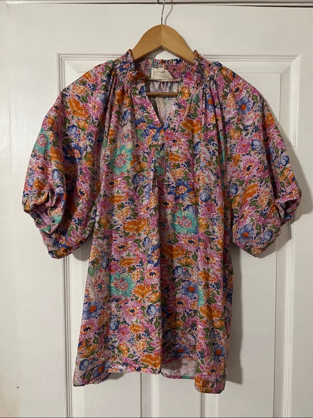 Umgee Floral Smocked V-Neck Dress in Pink, Orange, Blue, Green 1XL